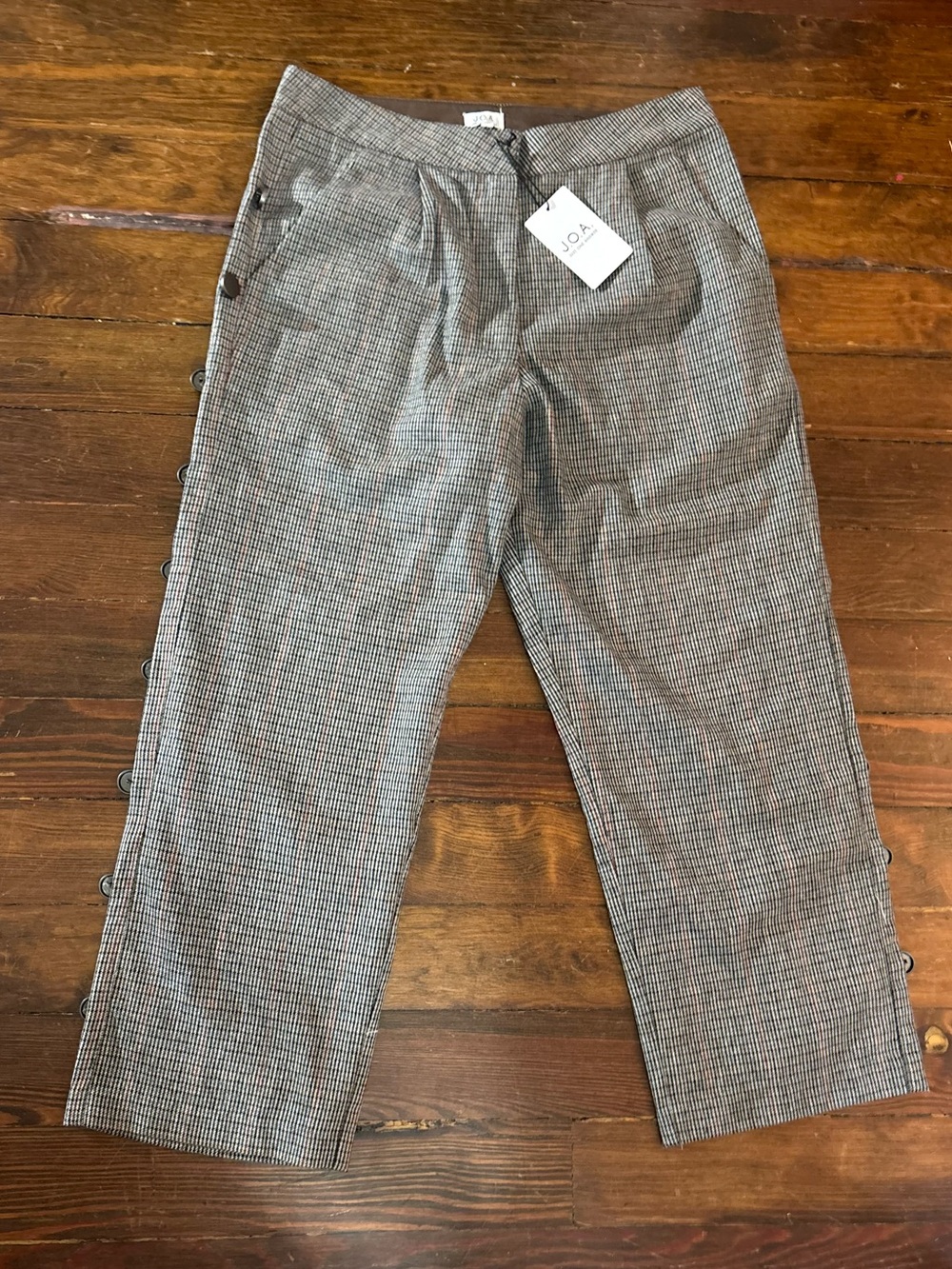 NWT JOA gray plaid wool side button pants trousers size L